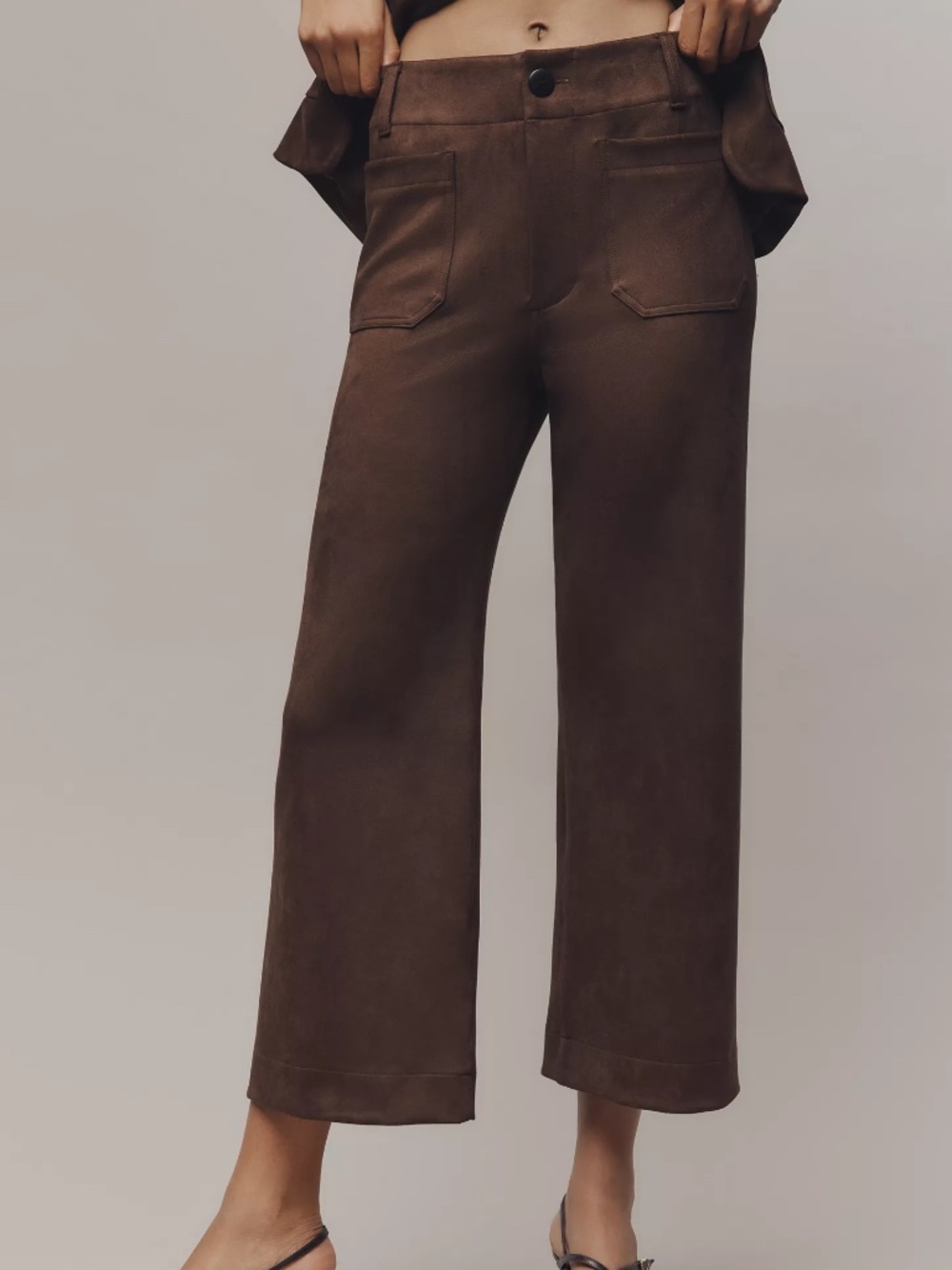 Anthropologie Maeve Colette Faux-Suede High-Rise Wide-Leg Cropped Pants BARK - Picture 2 of 4